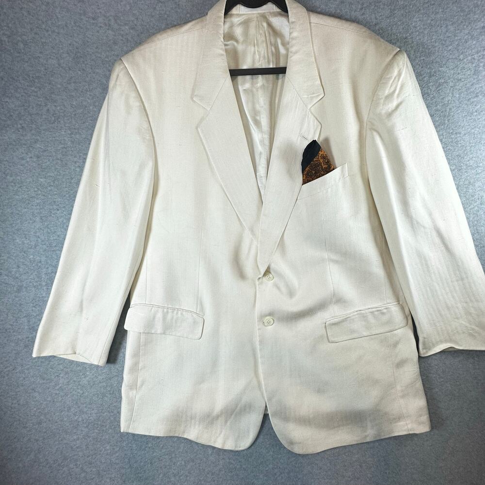 Vintage Countess Mara 100% Silk Dupioni Sport Coat Blazer Ivory Cream Mens 46R